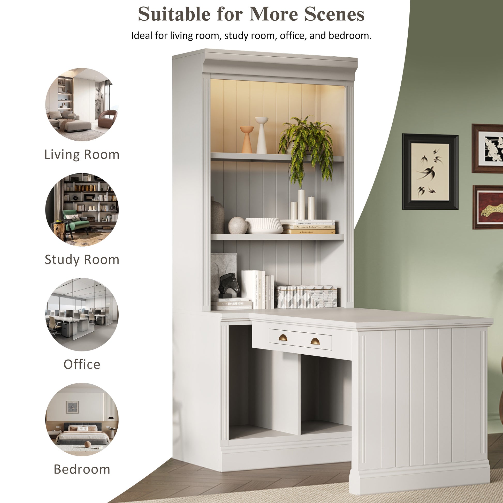 83.4" Tall Bookshelf with Writing Desk - White Study Workstation