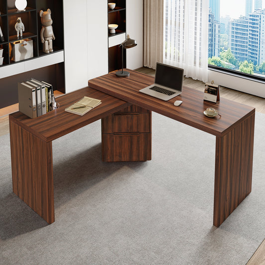 90" Walnut L Shaped Desk with 3 Drawers - Corner Office Desk