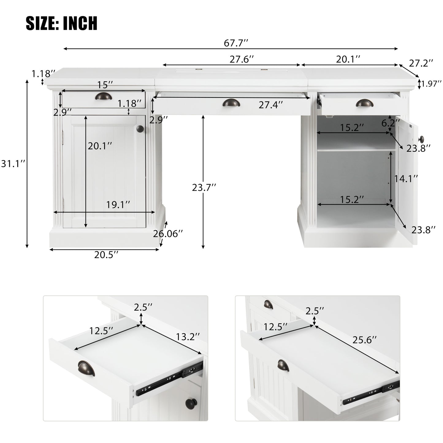67" Modern Executive Desk - White Storage Office Desk