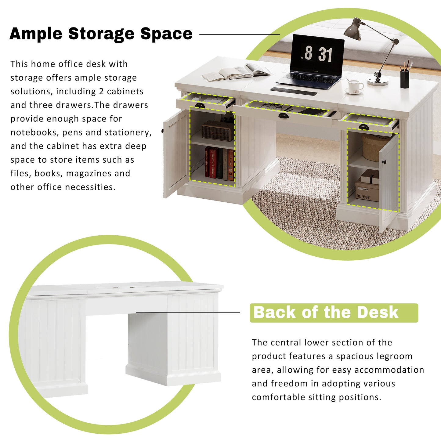 67" Modern Executive Desk - White Storage Office Desk