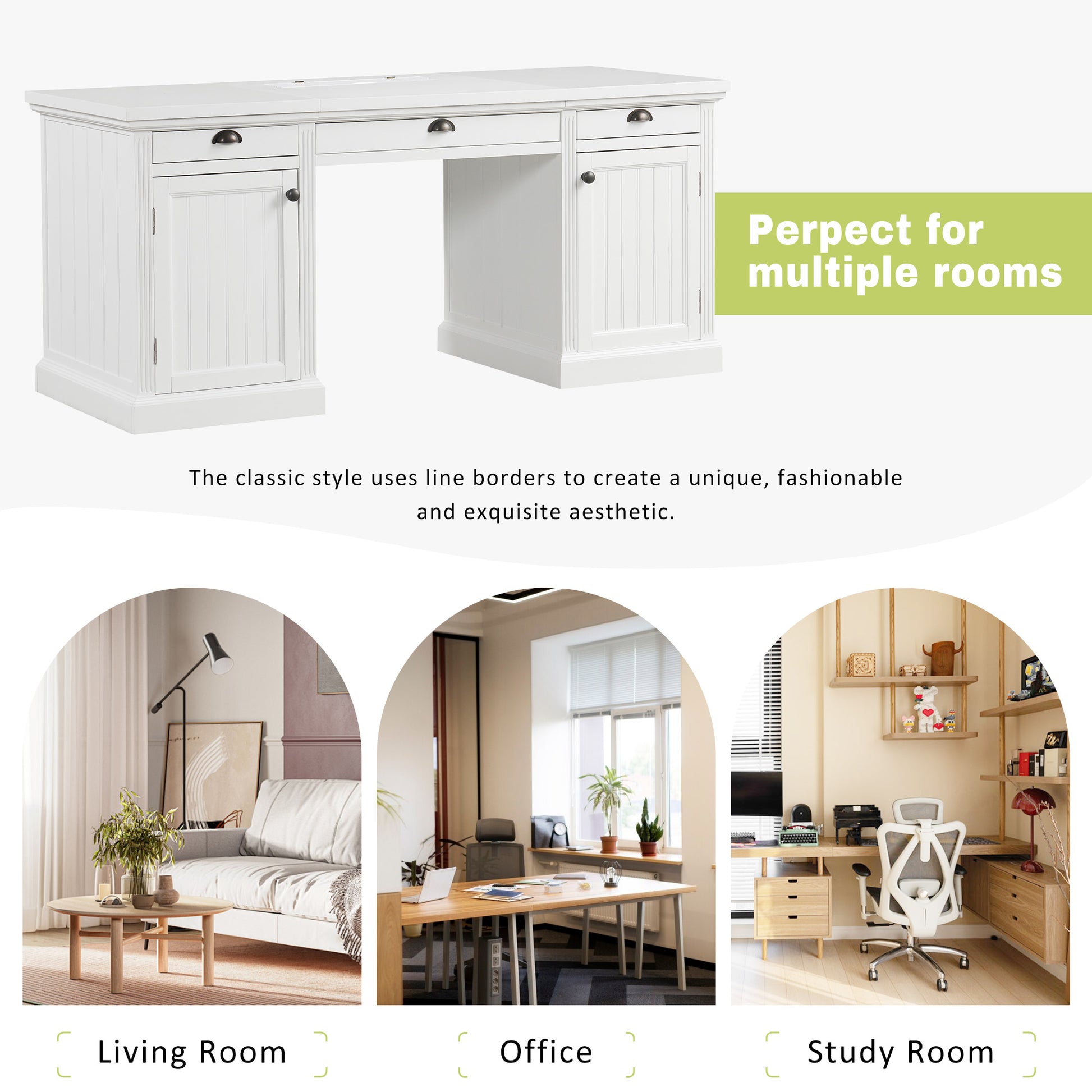 67" Modern Executive Desk - White Storage Office Desk