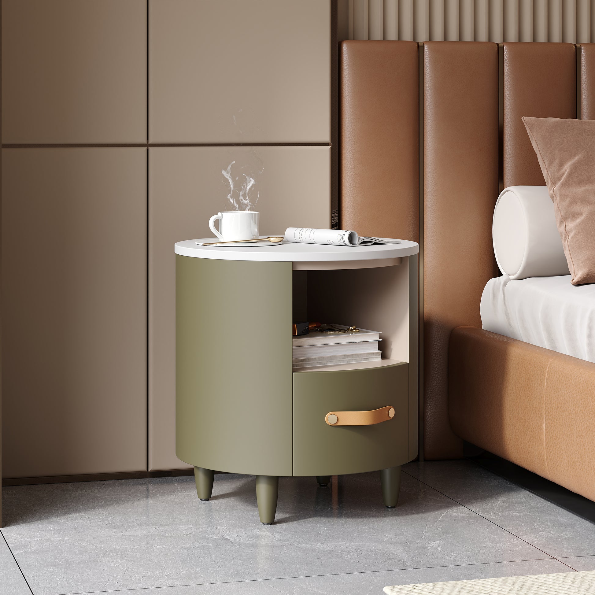 Contemporary & Modern Round Nightstand with Storage Drawer, Sofa End Table with Open Storage Shelf, Bedside Table with Curved Design for Living Room & Bedroom, Easy Assembly, Green