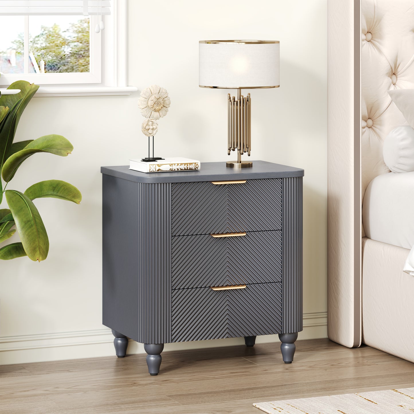 Mid-Century Fluted 3 Drawers Nightstand, Bedside Table with Curved Profile Design and Wide Gold Glossy Handles, End Table for Living Room, Bedroom, Easy Assembly, Dark Gray
