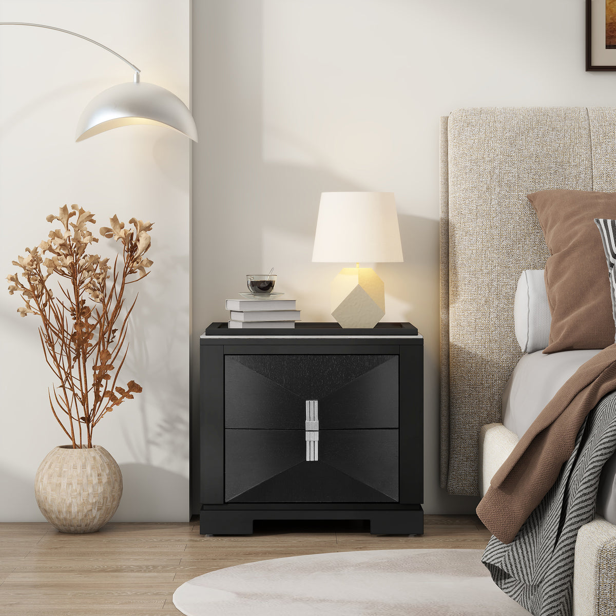 Black MDF Nightstand with 2 Drawers - Bedroom Storage Side Table
