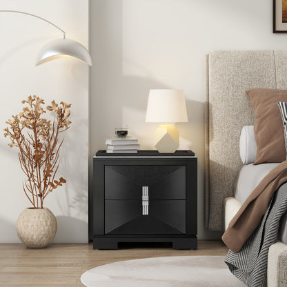 Black MDF Nightstand with 2 Drawers - Bedroom Storage Side Table