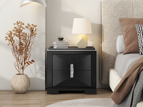 Black MDF Nightstand with 2 Drawers - Bedroom Storage Side Table