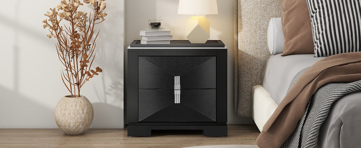 Black MDF Nightstand with 2 Drawers - Bedroom Storage Side Table