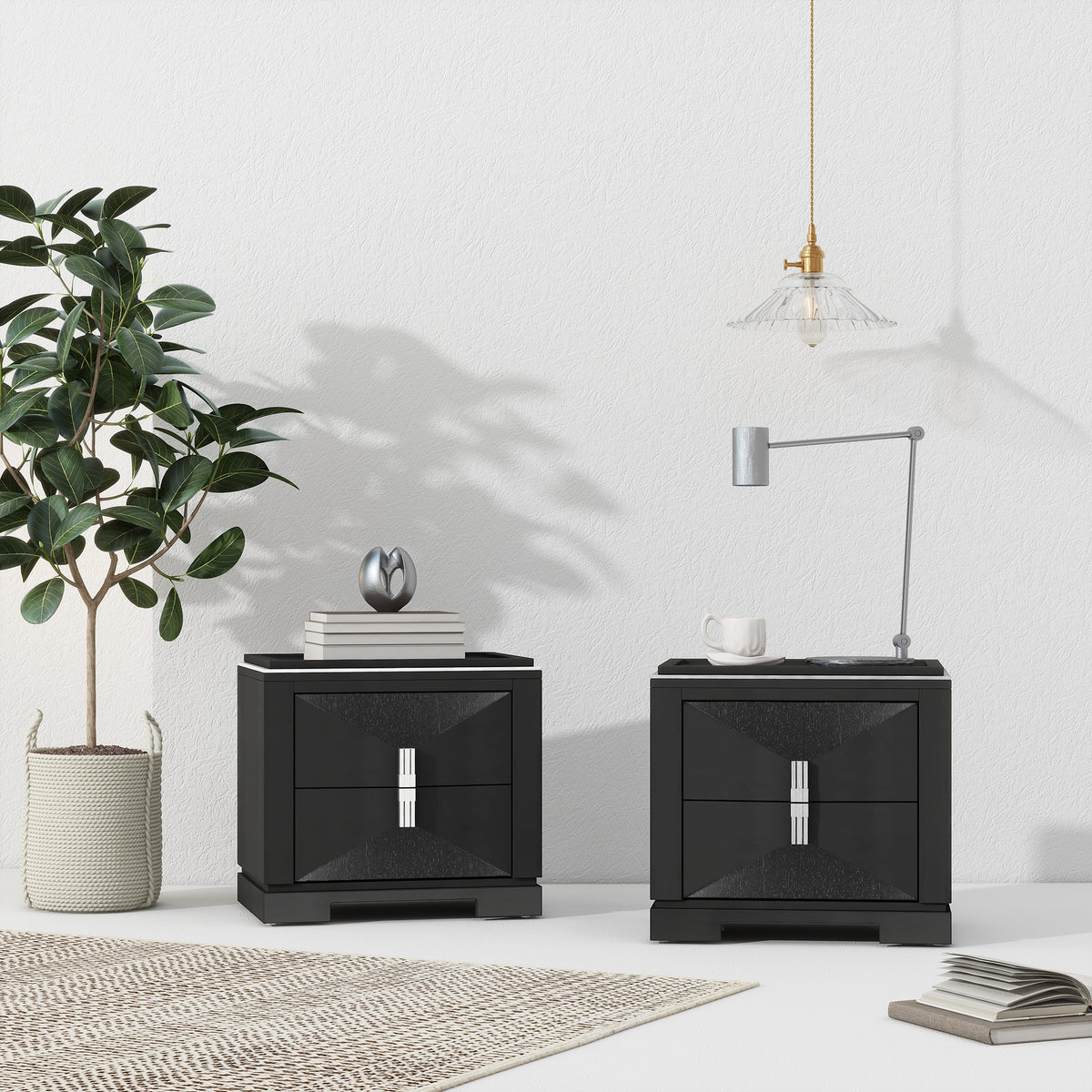 Black MDF Nightstand with 2 Drawers - Bedroom Storage Side Table