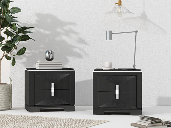 Black MDF Nightstand with 2 Drawers - Bedroom Storage Side Table