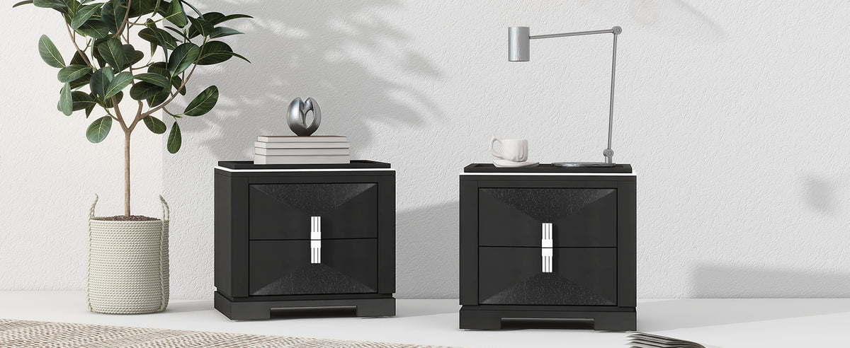 Black MDF Nightstand with 2 Drawers - Bedroom Storage Side Table