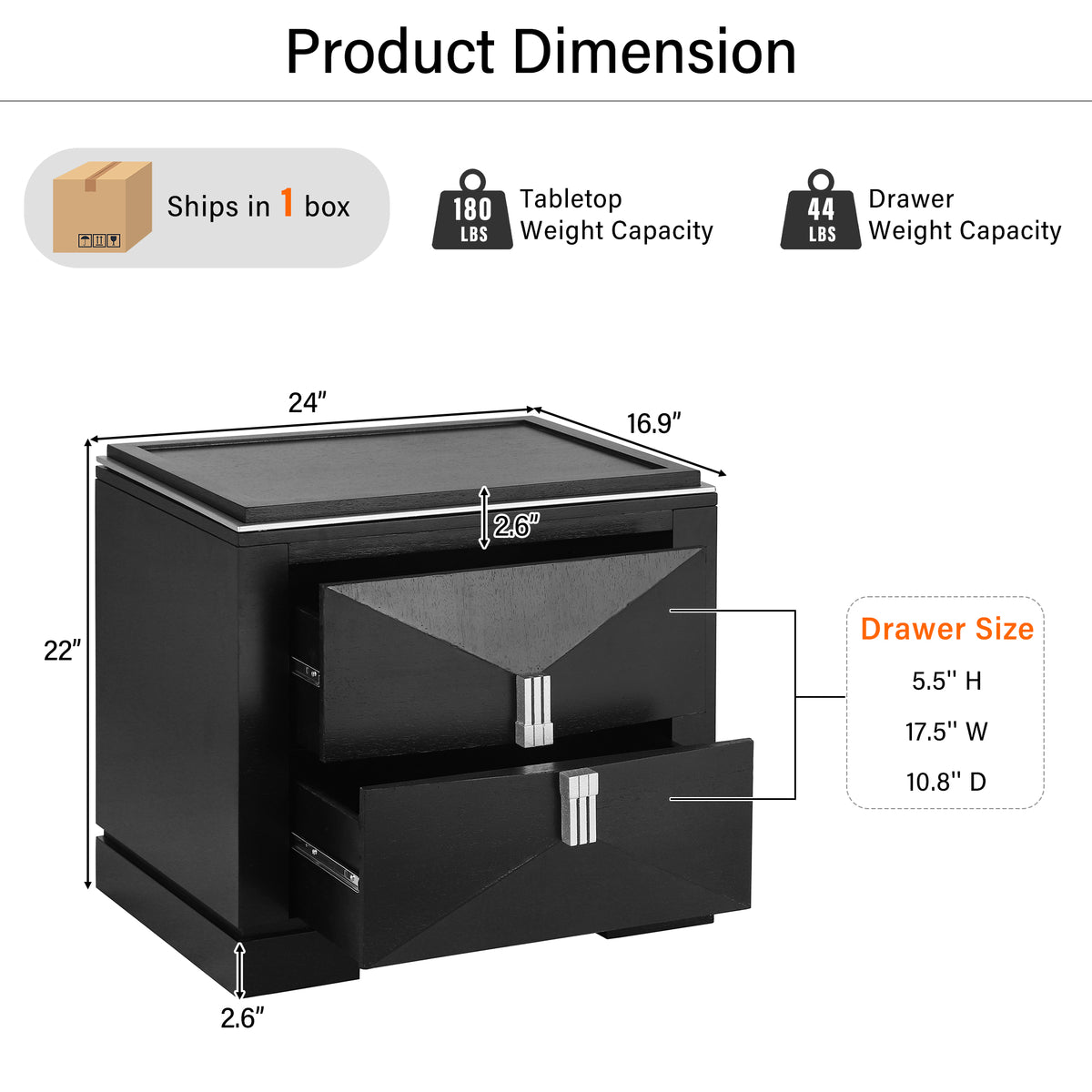 Black MDF Nightstand with 2 Drawers - Bedroom Storage Side Table