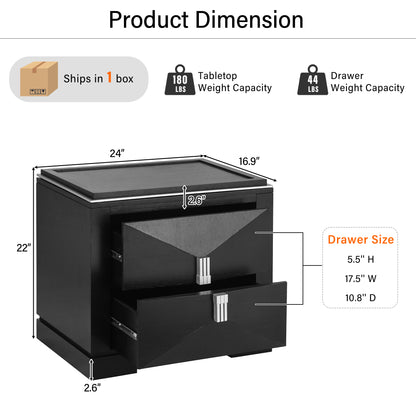 Black MDF Nightstand with 2 Drawers - Bedroom Storage Side Table