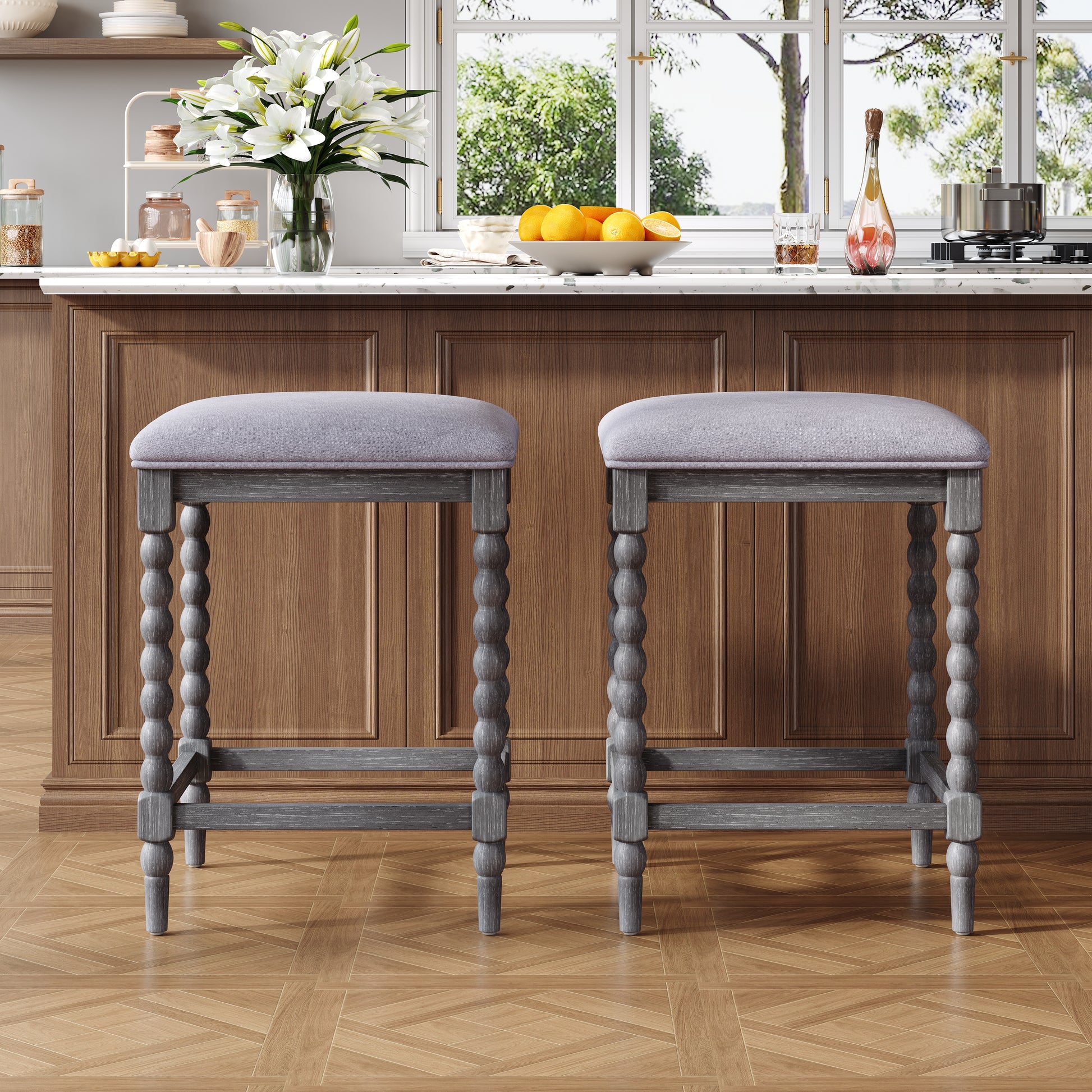 26''Counter Stools,Set of 2 with Upholstered Seat, Solid Acacia wood Frame, Foam-Padded Seat, Open Airy Design for Kitchen Island and Bar, Gray