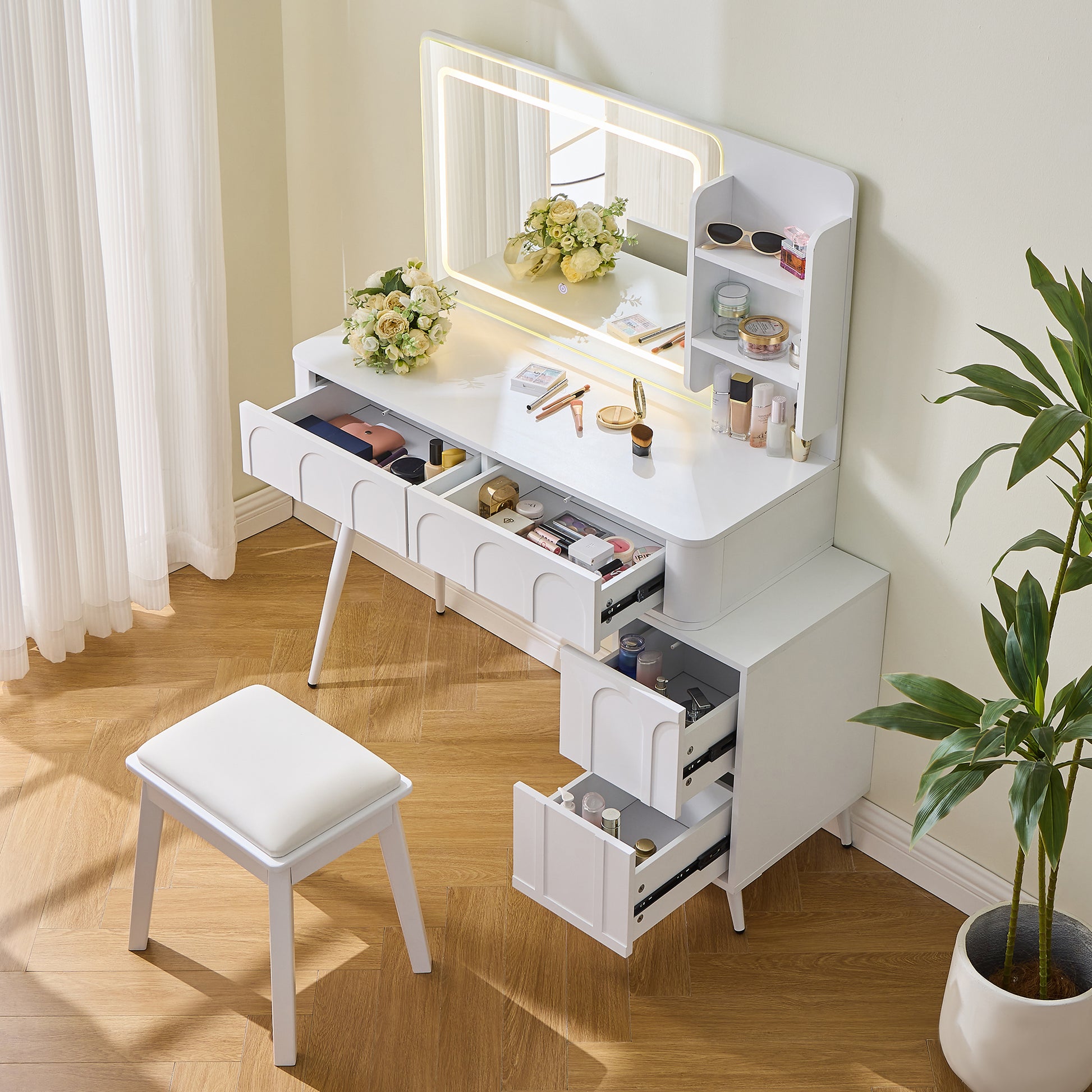 Modern Makeup Vanity Desk with LED Lights & Mirror, 4 Drawer Dressing Table Set with Stool, 3 Colors Dimmable Brightness, Space-Saving for Bedroom, White