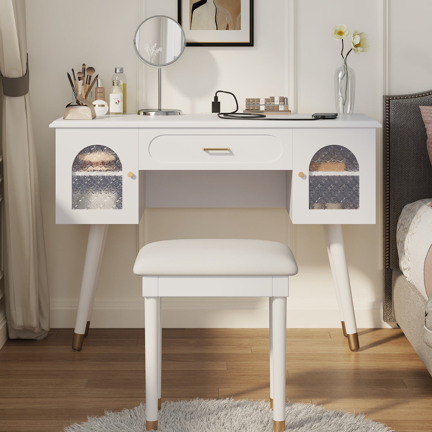 Elegant Vanity Makeup Table & Chair Set, Modern Dressing Table with Organizer, Writing Desk, Charging Port, White