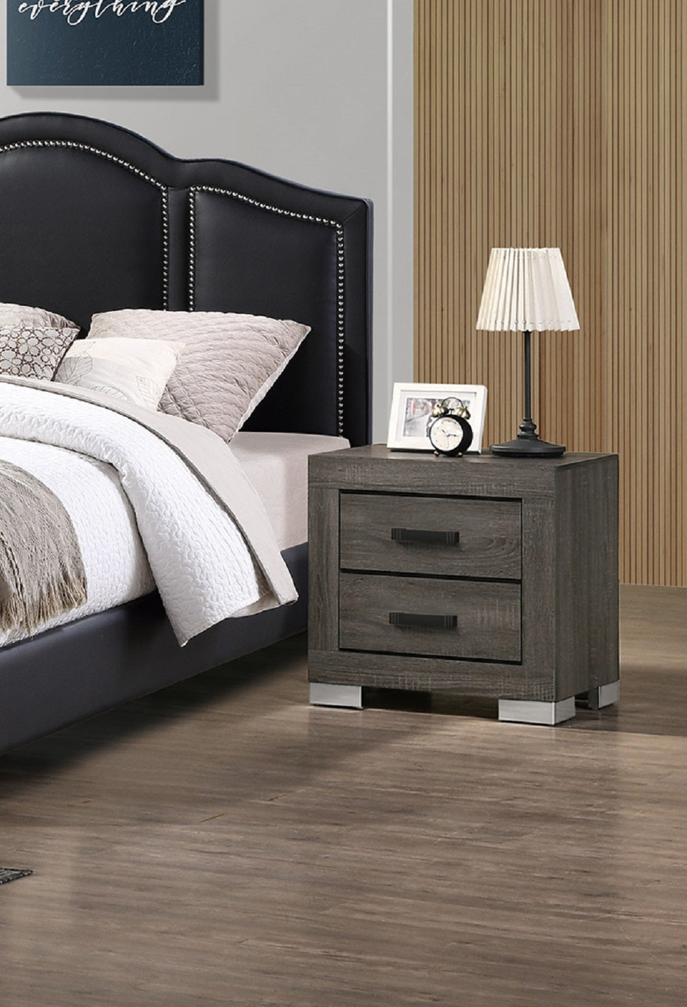2 Drawers Wood Nightstand With Black Handles In Foil Grey
