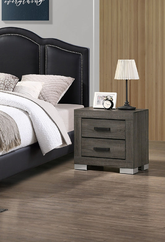 2 Drawers Wood Nightstand With Black Handles In Foil Grey