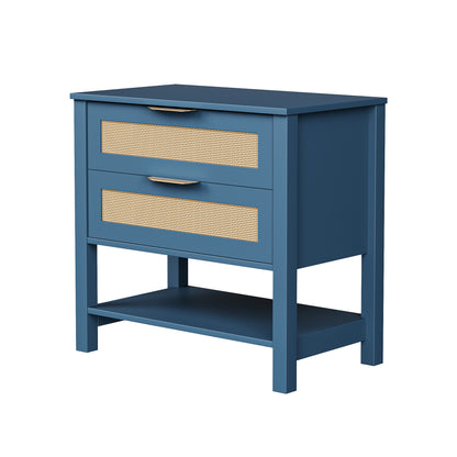 Turquoise Rattan Nightstand - 2 Drawers & Shelf Boho Side Table