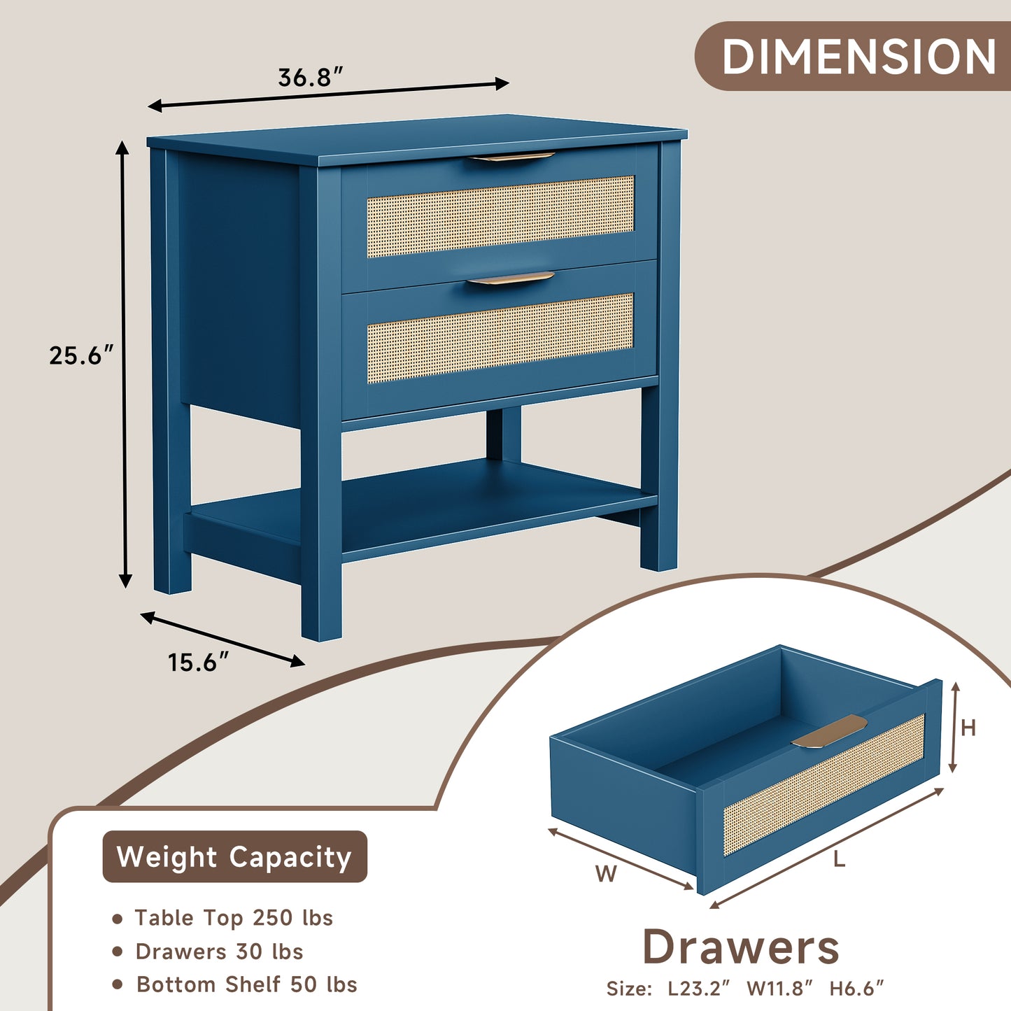 Turquoise Rattan Nightstand - 2 Drawers & Shelf Boho Side Table