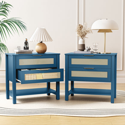 Turquoise Rattan Nightstand - 2 Drawers & Shelf Boho Side Table