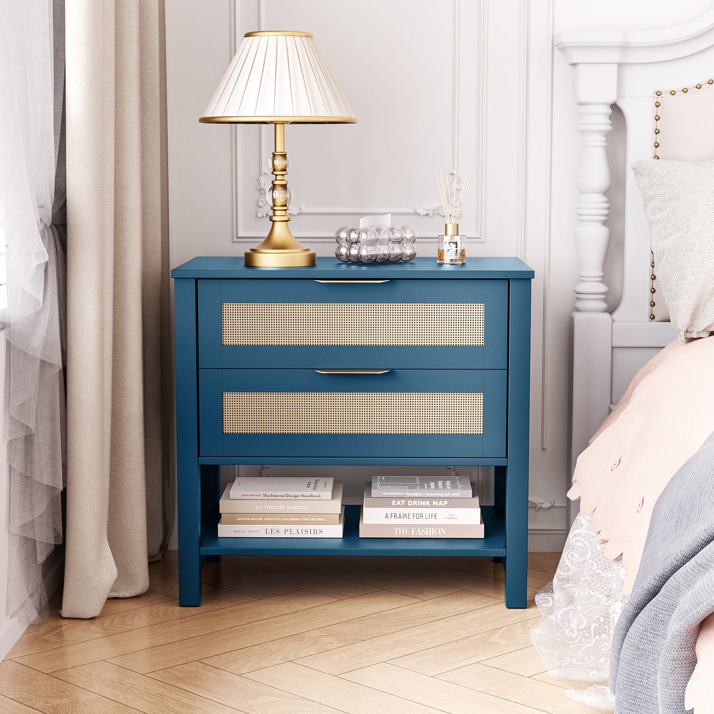 Turquoise Rattan Nightstand - 2 Drawers & Shelf Boho Side Table