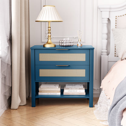 Turquoise Rattan Nightstand - 2 Drawers & Shelf Boho Side Table