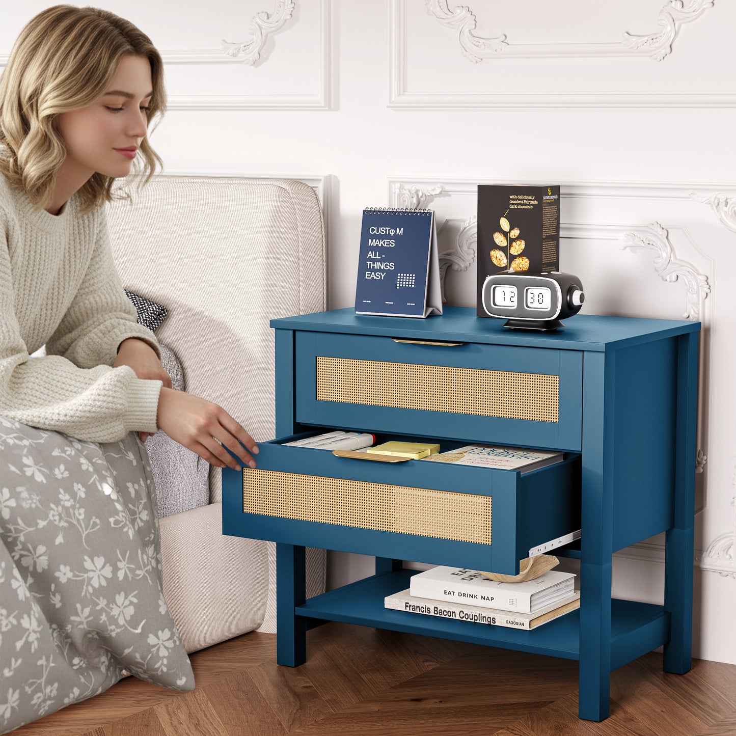 Turquoise Rattan Nightstand - 2 Drawers & Shelf Boho Side Table