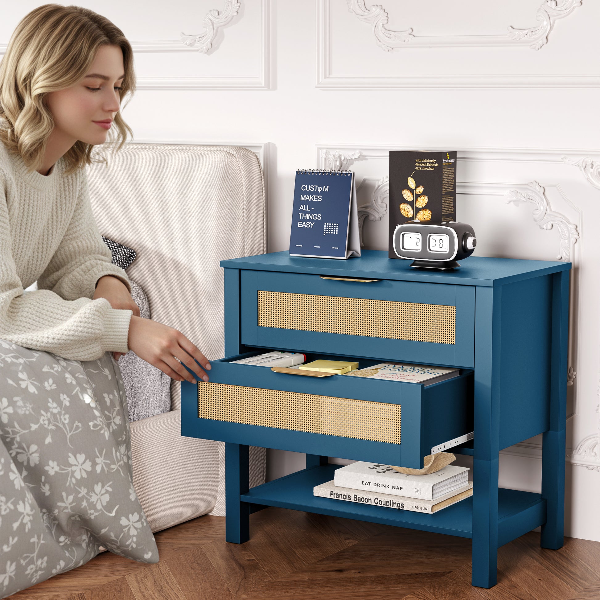 Turquoise Rattan Nightstand - 2 Drawers & Shelf Boho Side Table
