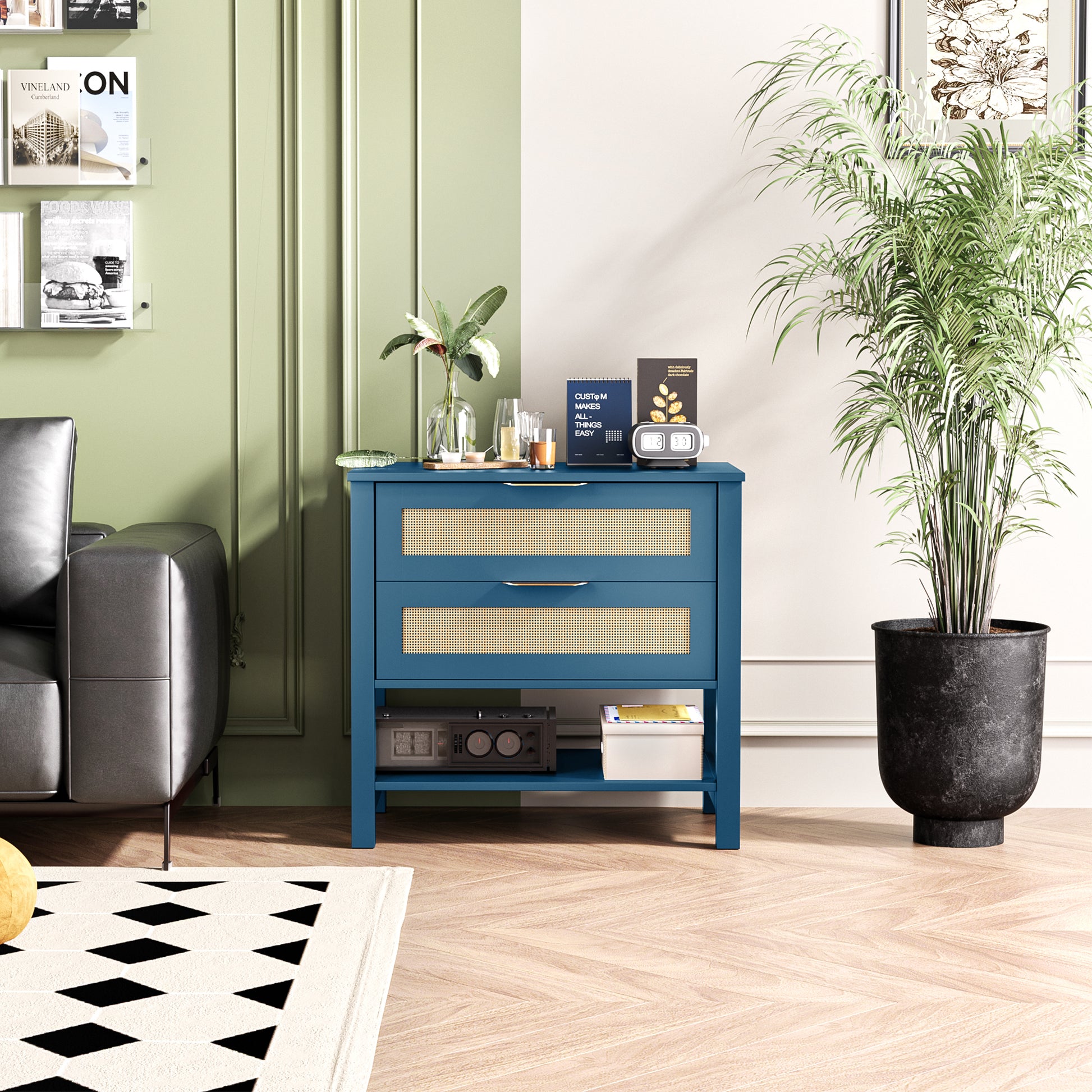 Turquoise Rattan Nightstand - 2 Drawers & Shelf Boho Side Table