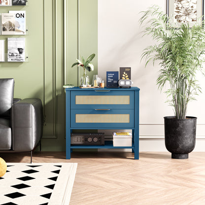 Turquoise Rattan Nightstand - 2 Drawers & Shelf Boho Side Table