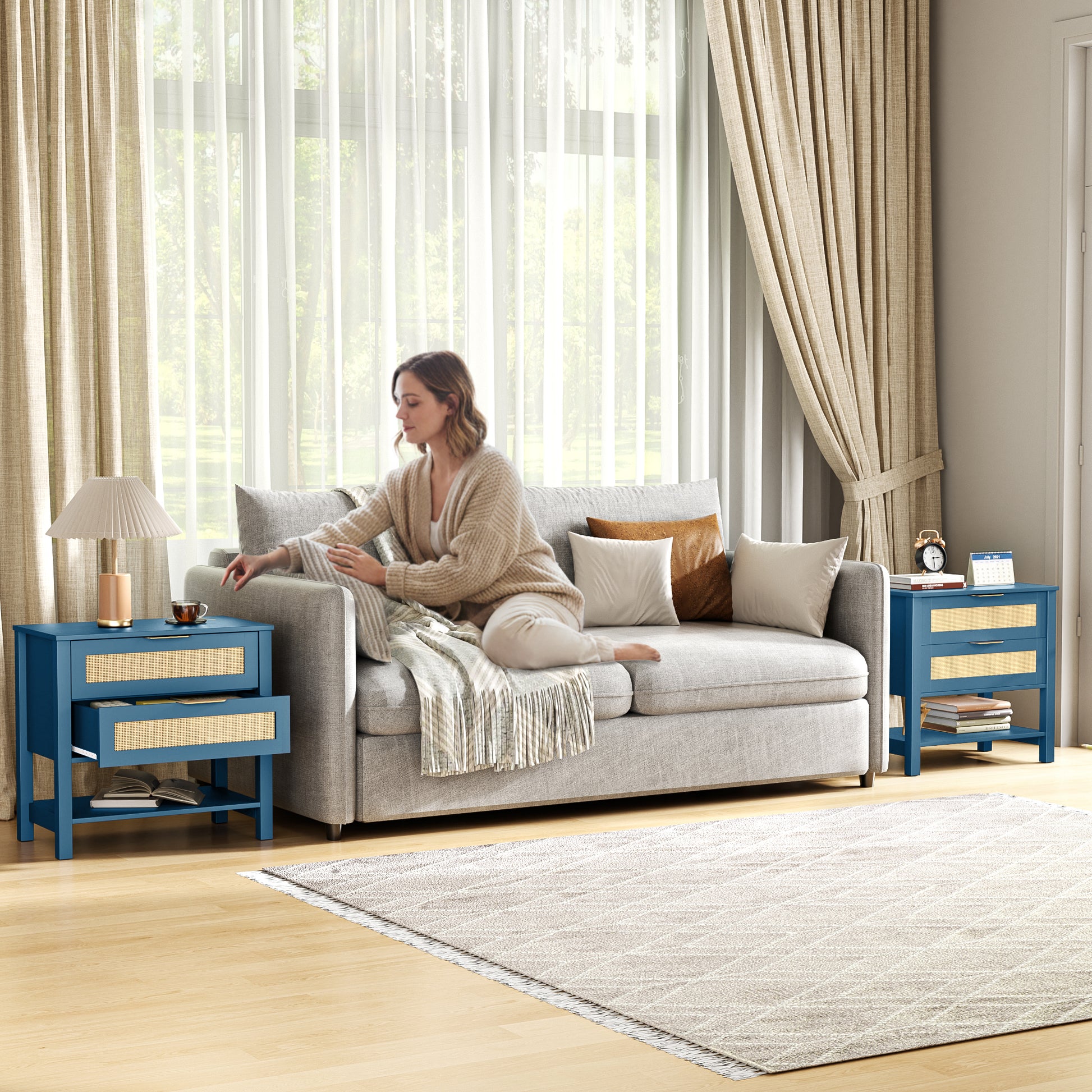 Turquoise Rattan Nightstand - 2 Drawers & Shelf Boho Side Table