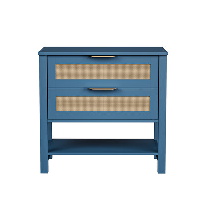 Rattan Nightstand with 2 Drawers and Storage Shelf Boho Bedside Narrow Side Table for Bedroom