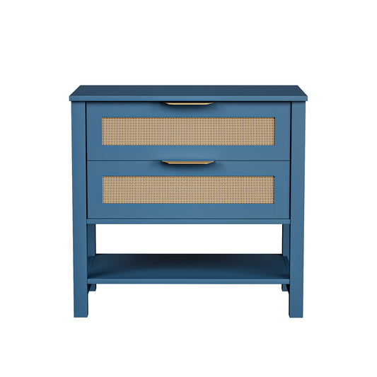 Rattan Nightstand with 2 Drawers and Storage Shelf Boho Bedside Narrow Side Table for Bedroom