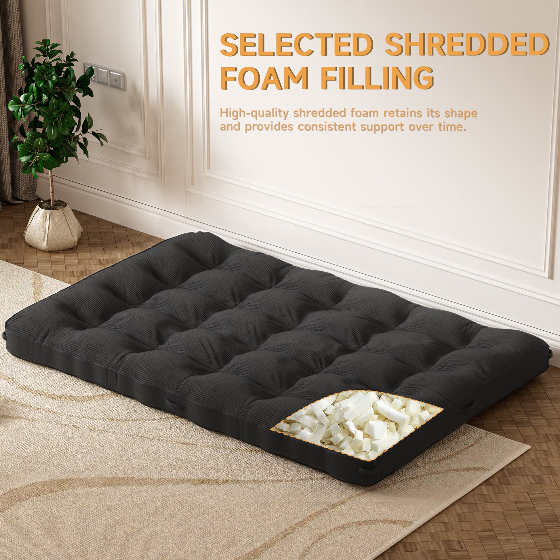 Full XL Corduroy Futon Mattress - Black, 8 Inch for Bedroom