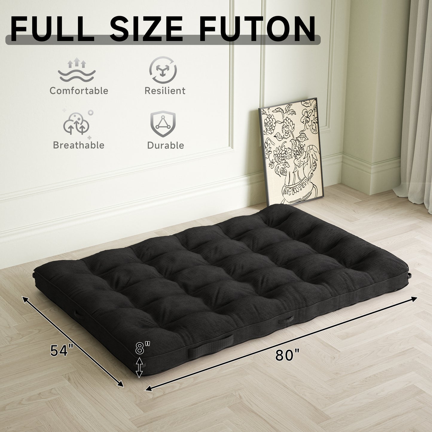 Full XL Corduroy Futon Mattress - Black, 8 Inch for Bedroom