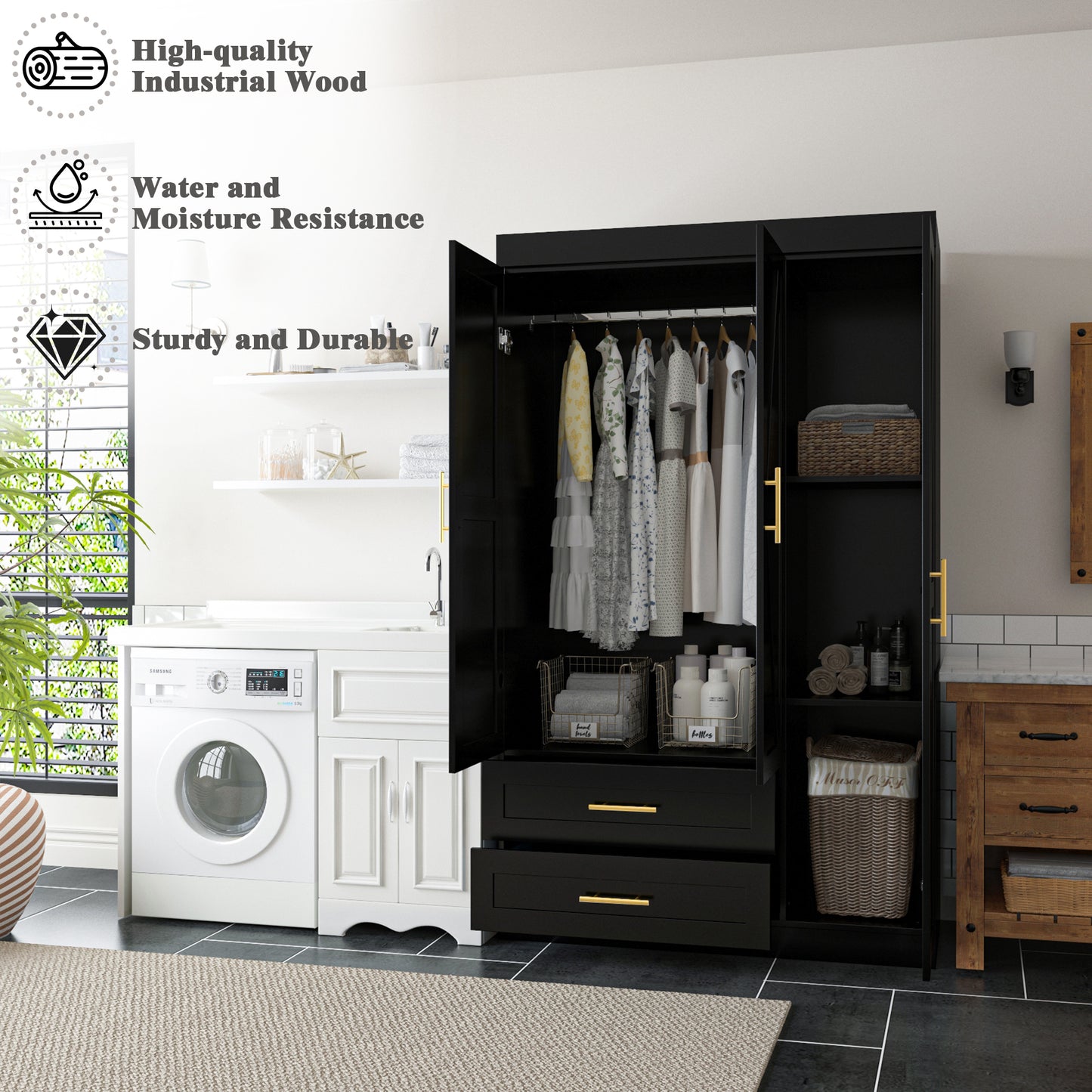 Shaker Style Wardrobe - Black MDF Storage Armoire