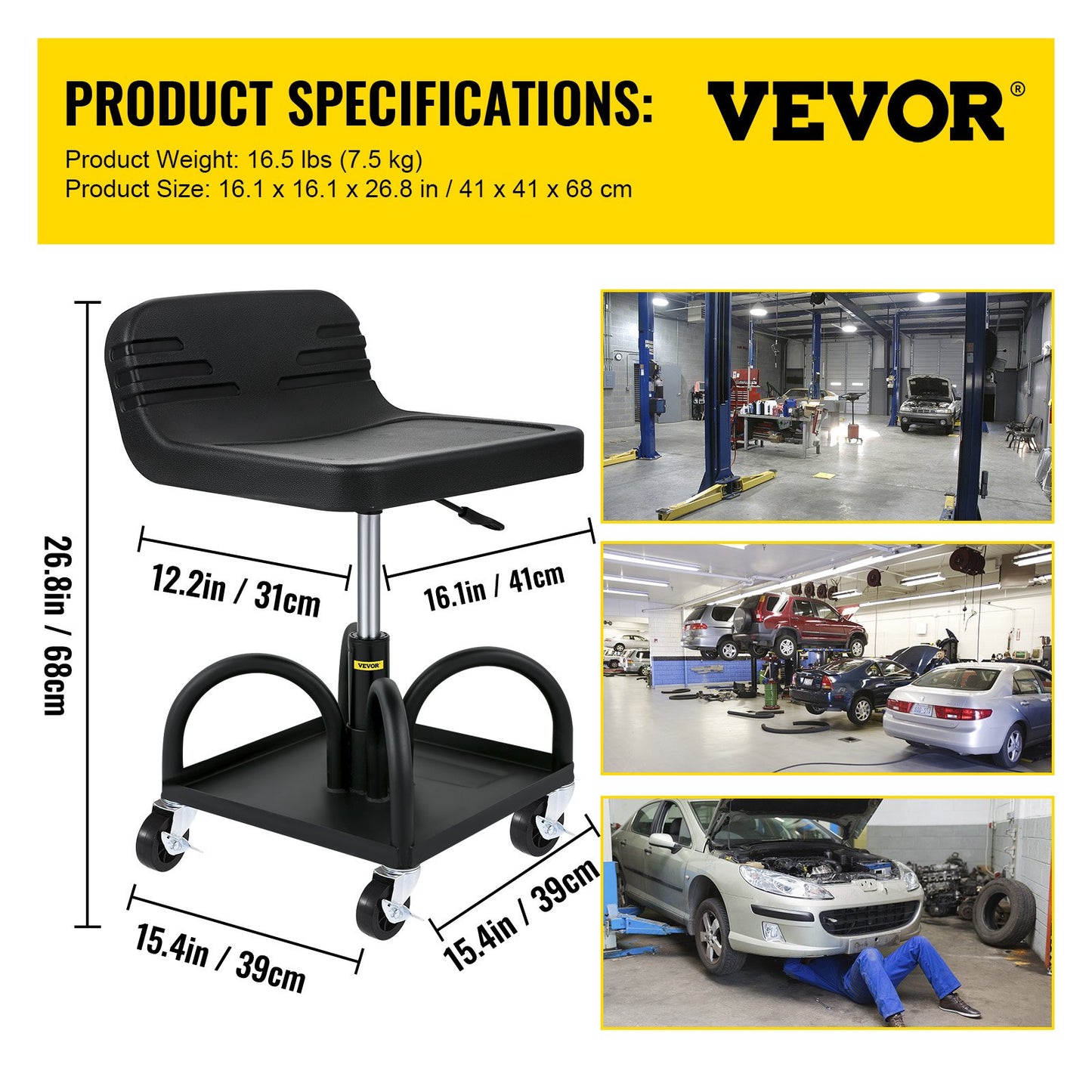 300 LBS Rolling Garage Stool - Adjustable Height Shop Seat with Tool Tray