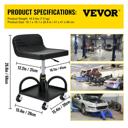300 LBS Rolling Garage Stool - Adjustable Height Shop Seat with Tool Tray
