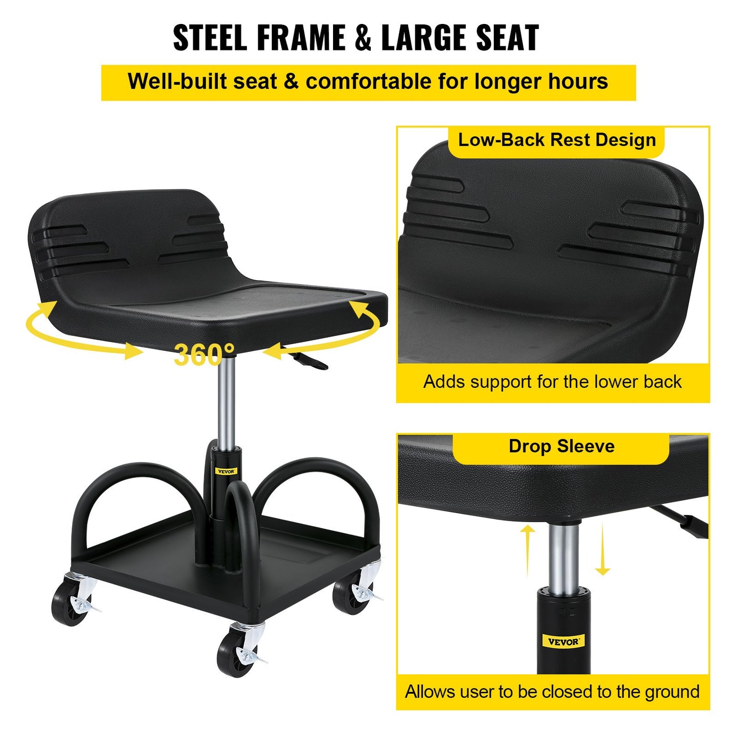 300 LBS Rolling Garage Stool - Adjustable Height Shop Seat with Tool Tray