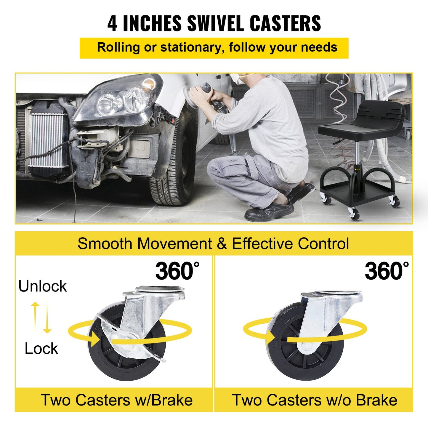 300 LBS Rolling Garage Stool - Adjustable Height Shop Seat with Tool Tray
