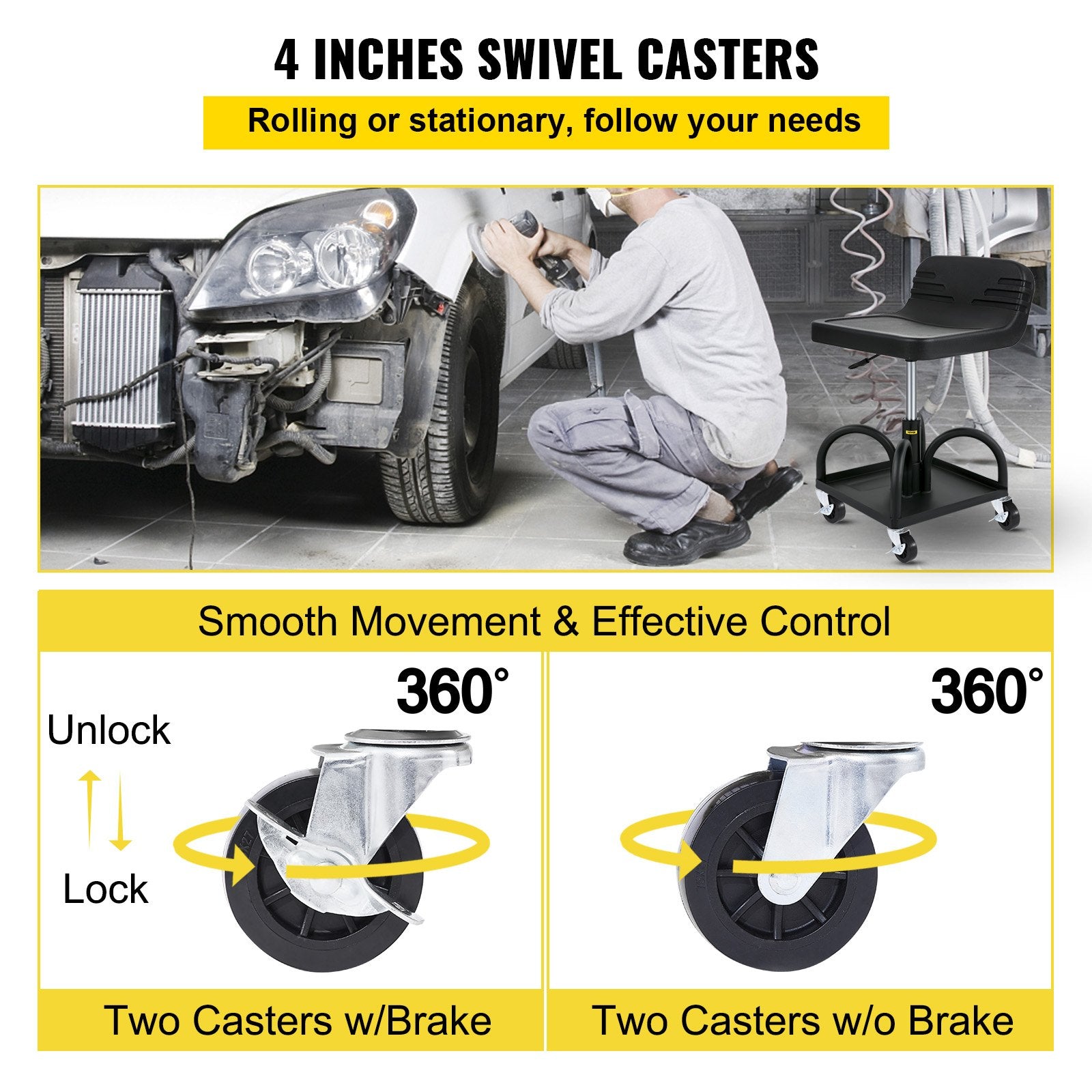 300 LBS Rolling Garage Stool - Adjustable Height Shop Seat with Tool Tray