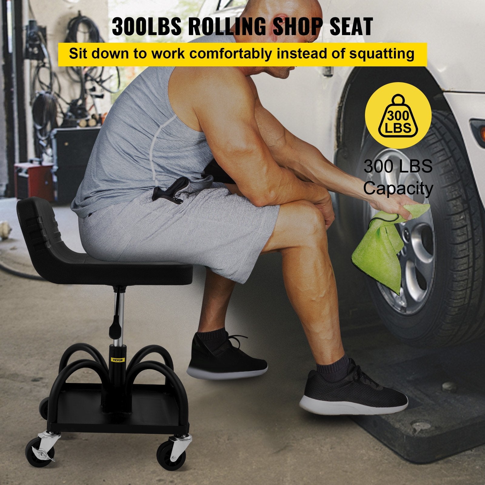 300 LBS Rolling Garage Stool - Adjustable Height Shop Seat with Tool Tray