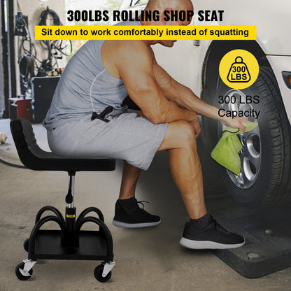 300 LBS Rolling Garage Stool - Adjustable Height Shop Seat with Tool Tray