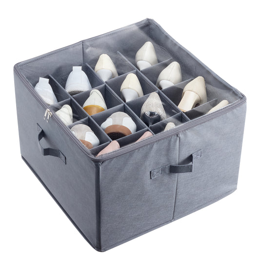 Under Bed Shoe Storage Organizer, 1 Pack, 16 Compartments, Underbed Shoe Box Storage Containers Adjustable Dividers, Sandal Organizer Storage with Clear Window, Breathable, Reinforced Handles