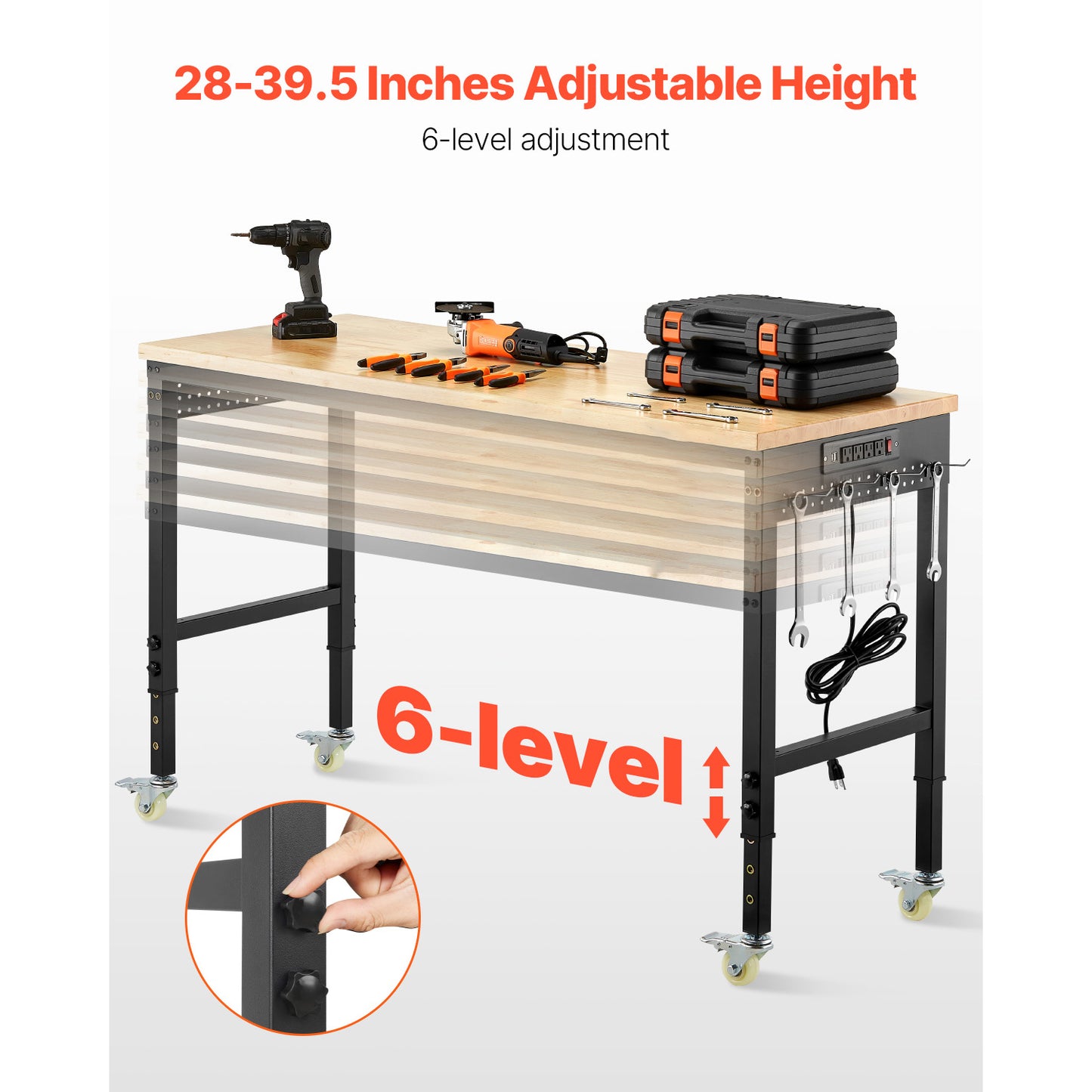 60" Adjustable Height Workbench with Wheels & Power Outlet