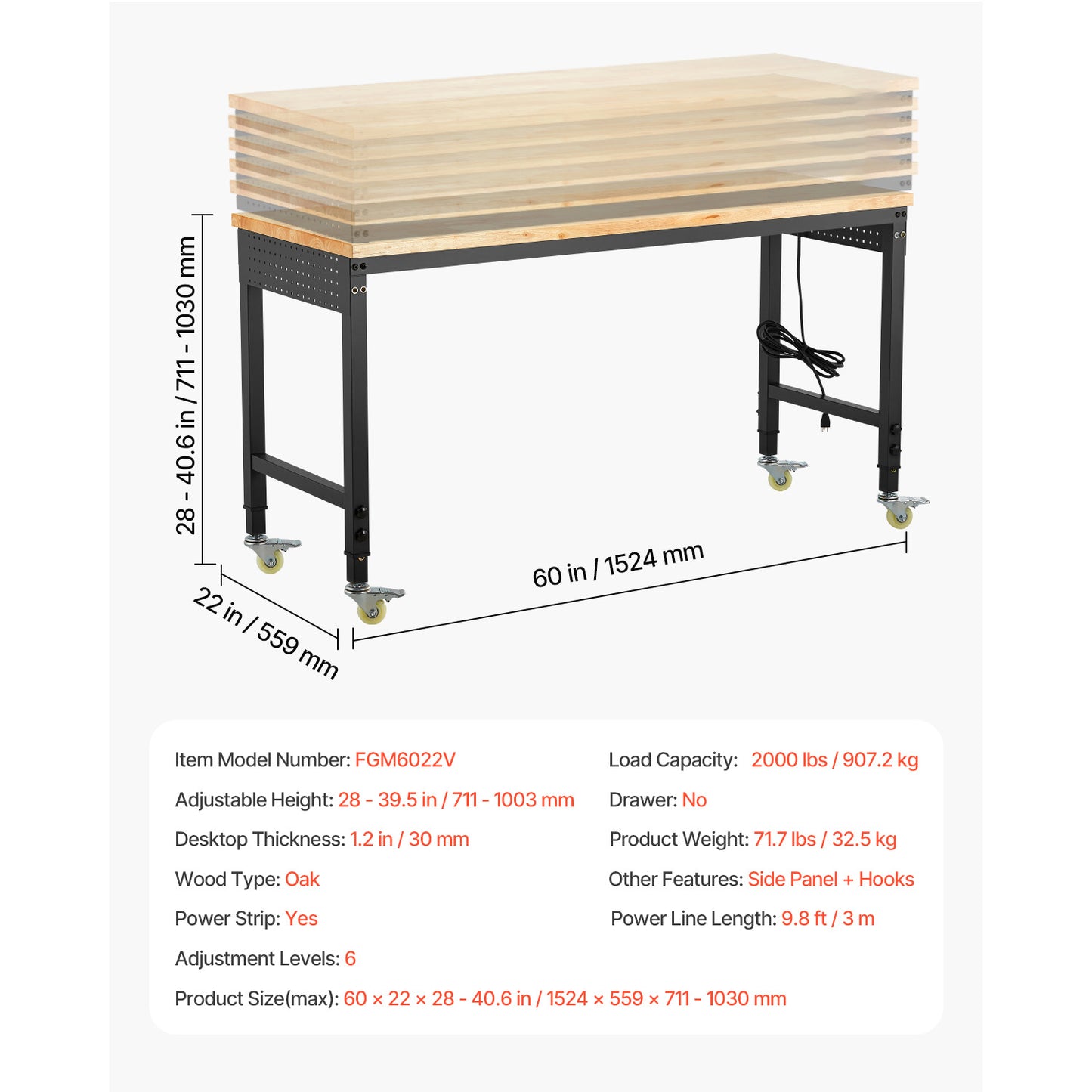 60" Adjustable Height Workbench with Wheels & Power Outlet