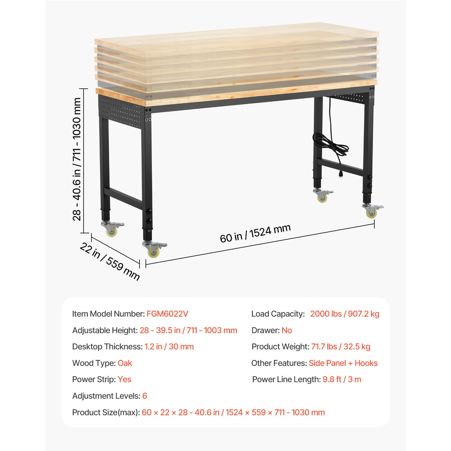60" Adjustable Height Workbench with Wheels & Power Outlet
