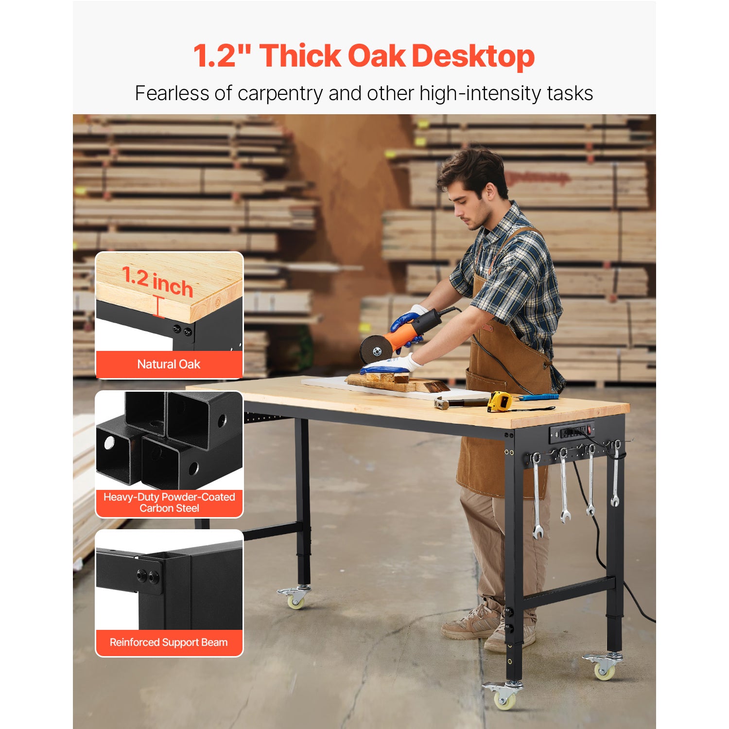 60" Adjustable Height Workbench with Wheels & Power Outlet