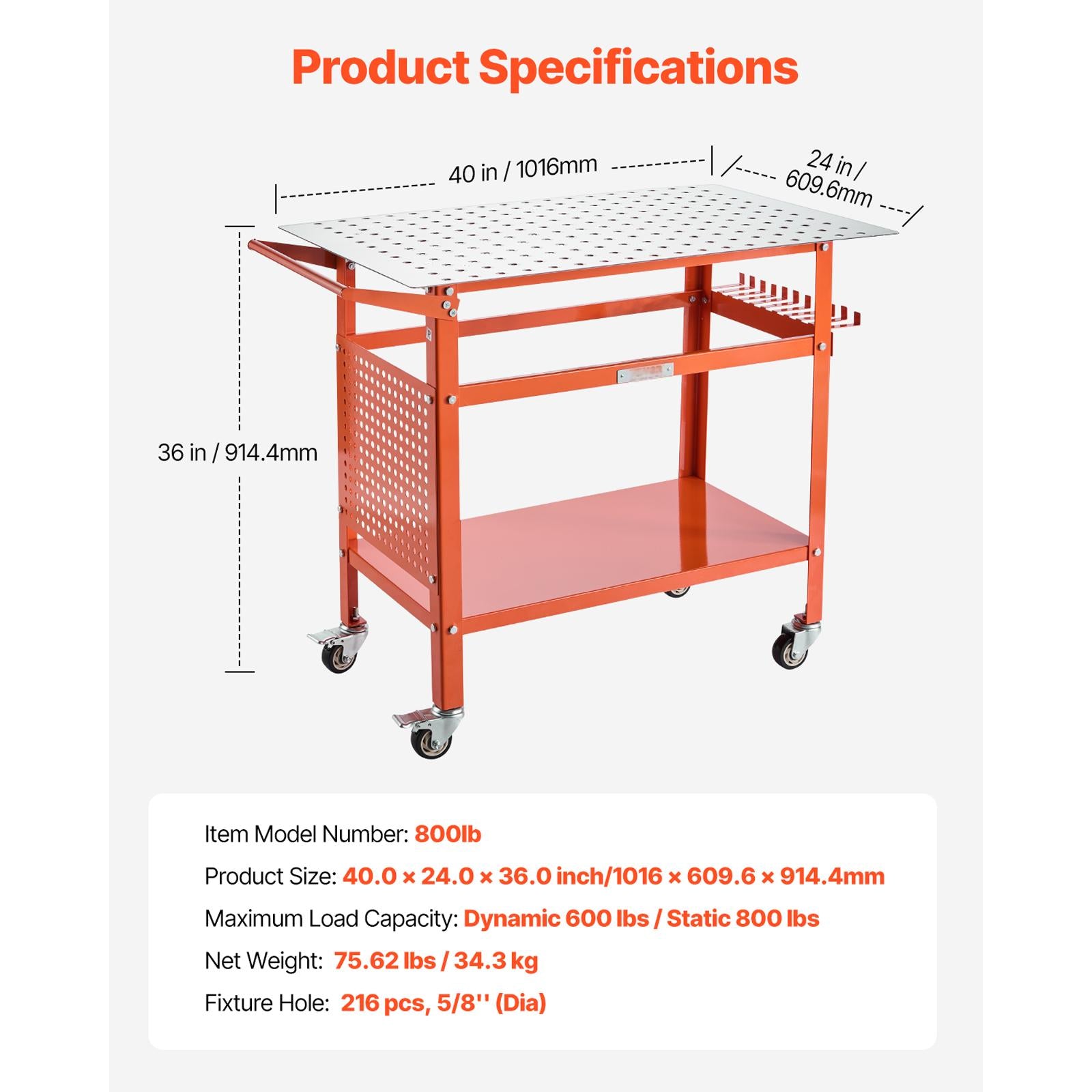 Orange Steel Welding Table - 40" x 24" Workbench for Home Office