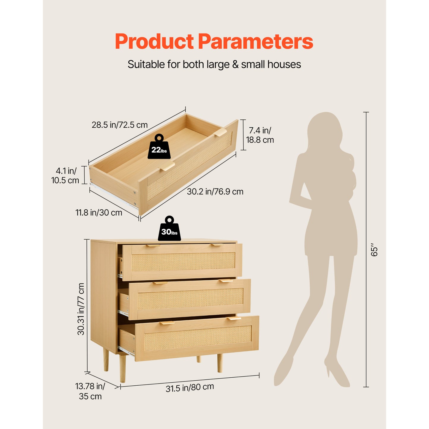 3-Drawer Rattan Dresser - Wood Bedroom Storage Chest